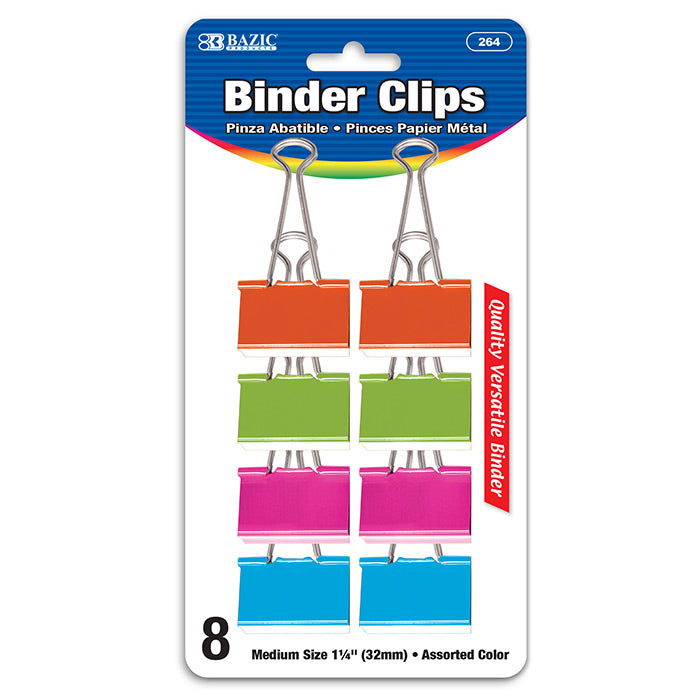 BAZIC Medium 1 1/4" (32mm) Assorted Color Binder Clip (8/Pack) [264]