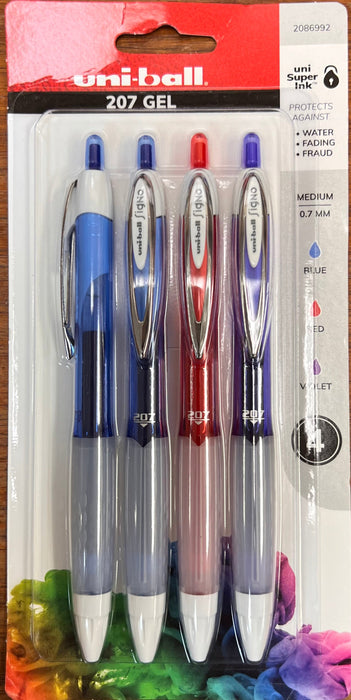 Multicolor Retractable Gel Pen 4 Pack with Micro Points, Uni-Ball 207 Signo Click Pens are Fraud Proof and the Best Office Pens, Nursing Pens, Business Pens, School Pens, and Bible Pens [UBC2086992]