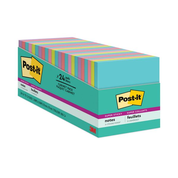 Post-it Notes Super Sticky Pads in Supernova Neon Collection Colors, Cabinet Pack, 3" x 3", 70 Sheets/Pad, 24 Pads/Pack [MMM65424SSMIACP]