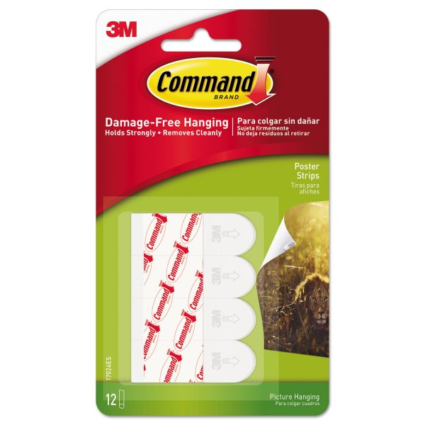 Command Poster Strips, 5/8" x 1 3/4", White, 12/Pack [MMM17024ES]