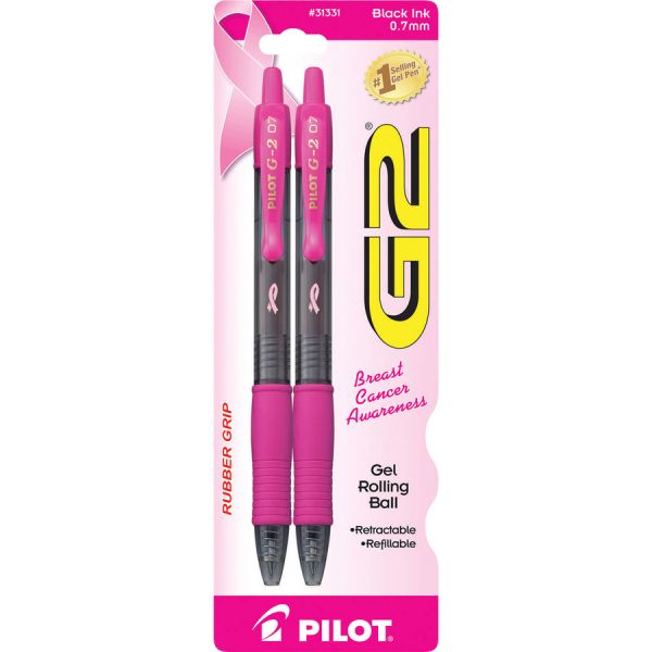 Pilot G2 Rubber Grip BCA Gel Rollingball Pens Fine Point - 0.70 mm Point Size - Black Ink - Black Barrel - 2/ Pack [PIL31331]