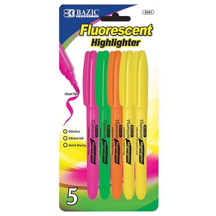 BAZIC Pen Style Fluorescent Highlighters w/ Pocket Clip (5/Pack) [2301]