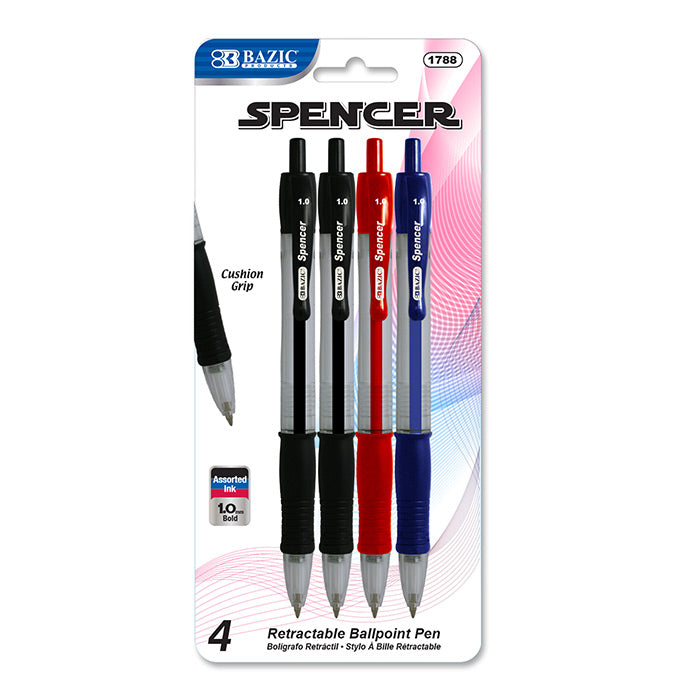 BAZIC Spencer Asst. Color Retractable Pen w/ Cushion Grip (4/Pack) [1788]