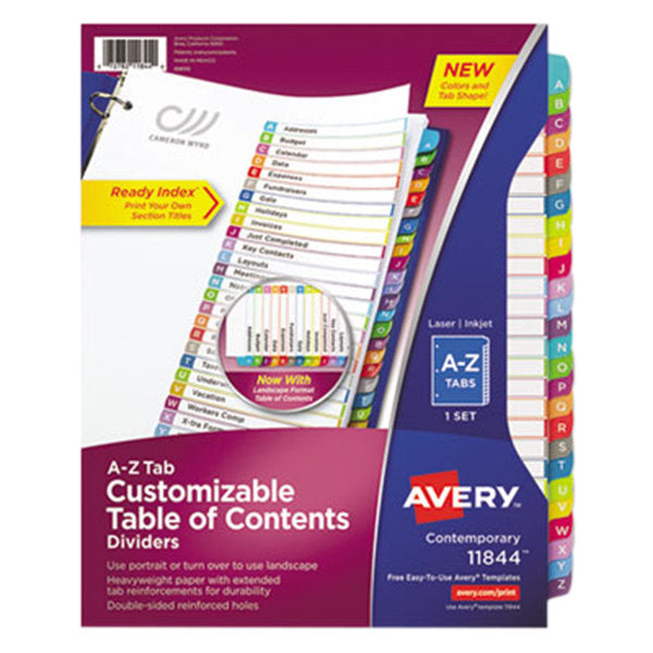 Avery 11844  Ready Index 26-Tab A-Z Multi-Color Customizable Table of Contents Dividers [AVE11844]