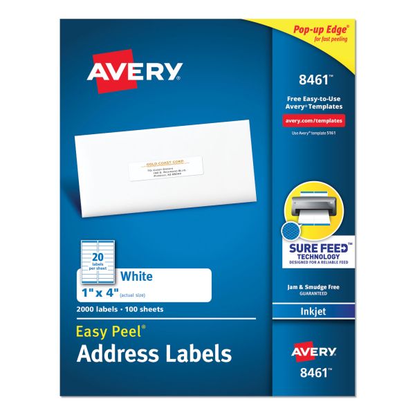 Avery Easy Peel White Address Labels w/ Sure Feed Technology, Inkjet Printers, 1 x 4, White, 20/Sheet, 100 Sheets/Box [AVE8461]