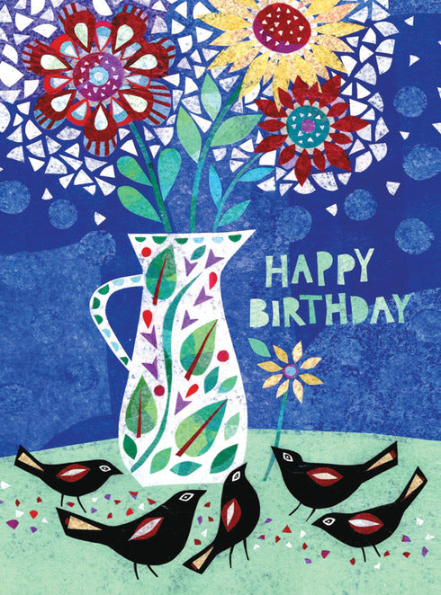 Black Birds wand Vase with Flowers Birthday Card