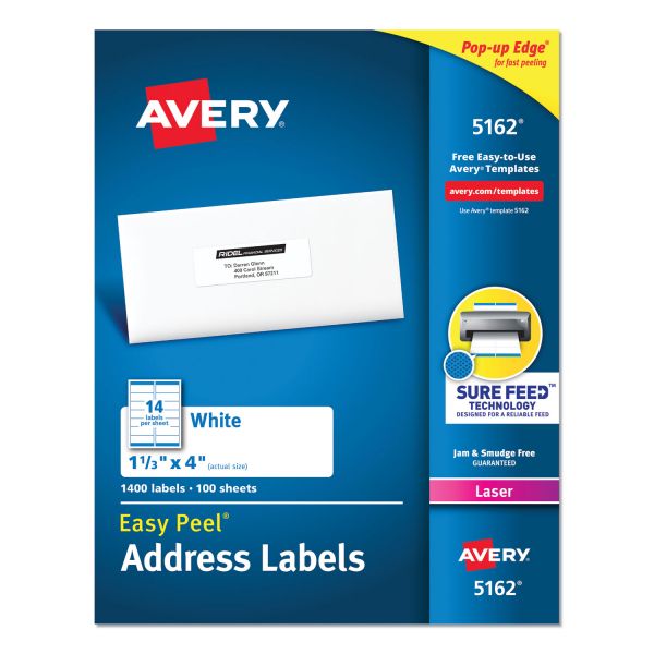 Avery Easy Peel White Address Labels w/ Sure Feed Technology, Laser Printers, 1.33 x 4, White, 14/Sheet, 100 Sheets/Box [AVE5162]