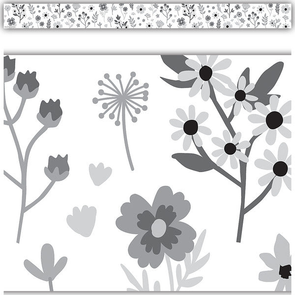 Black and White Floral Straight Border Trim [TCR6808]