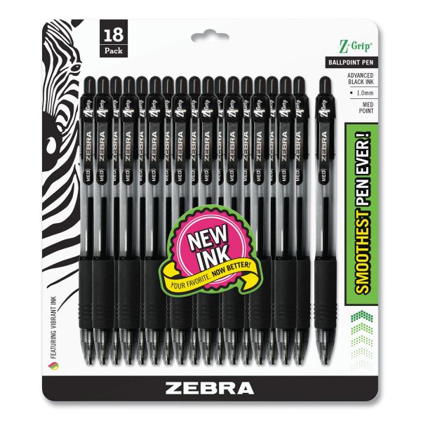 Zebra Z-Grip Retractable Ballpoint Pen, Medium 1 mm, Black Ink, Clear Barrel, 18/Pack [ZEB2773588]