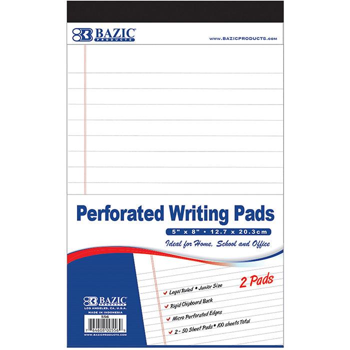 BAZIC 50 Ct. 5" X 8" White Jr. Perforated Writing Pads (2/Pack) [556]