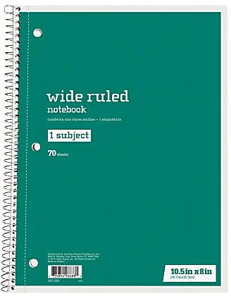 Just Basics Spiral Notebook, 8" x 10-1/2", 1 Subject, Wide Ruled, 70 Sheets, Green [197229]