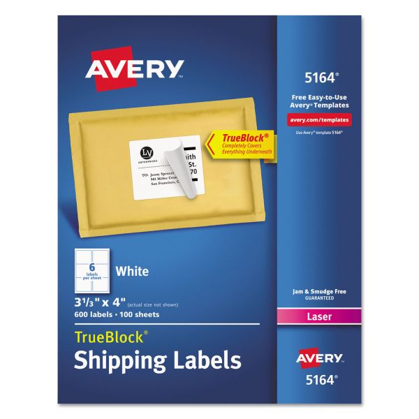 Avery Shipping Labels w/ TrueBlock Technology, Laser Printers, 3.33 x 4, White, 6/Sheet, 100 Sheets/Box [AVE5164]