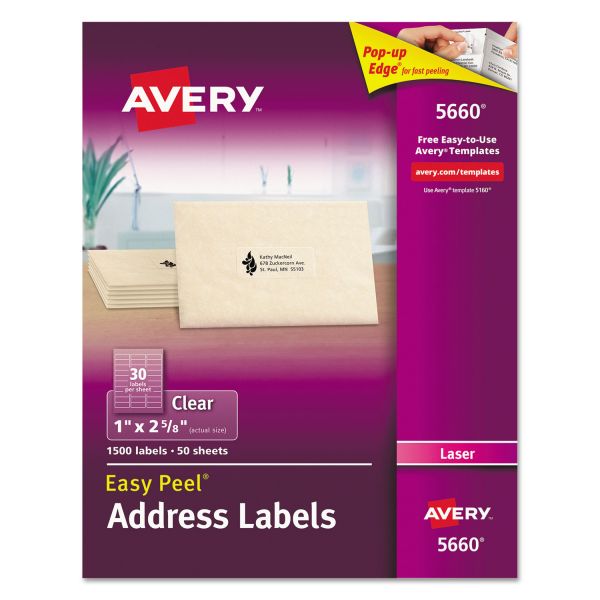 Avery Address Labels, Sure Feed, 1" x 2-5/8", 1500 Clear Labels (5660)