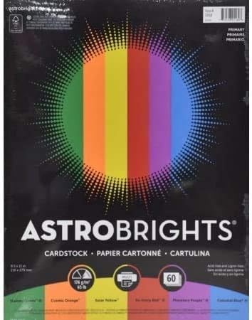 Astrobrights Cardstock 8.5"x11", Primary Colors 60 Sheets [91164]