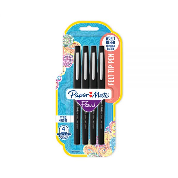 Paper Mate Flair Felt Tip Pens, Medium Point (0.7 mm), Black, 4 Count [PAP8434406]