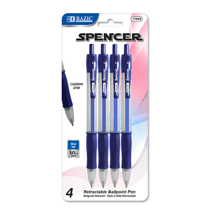 BAZIC Spencer Blue Retractable Pen w/ Cushion Grip (4/Pack) [17048]