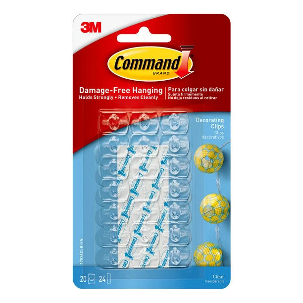 Command Clear Hooks and Strips, Decorating Clips, Plastic, 0.1 lb Capacity, 20 Clips and 24 Strips/Pack [MMM17026CLRES]