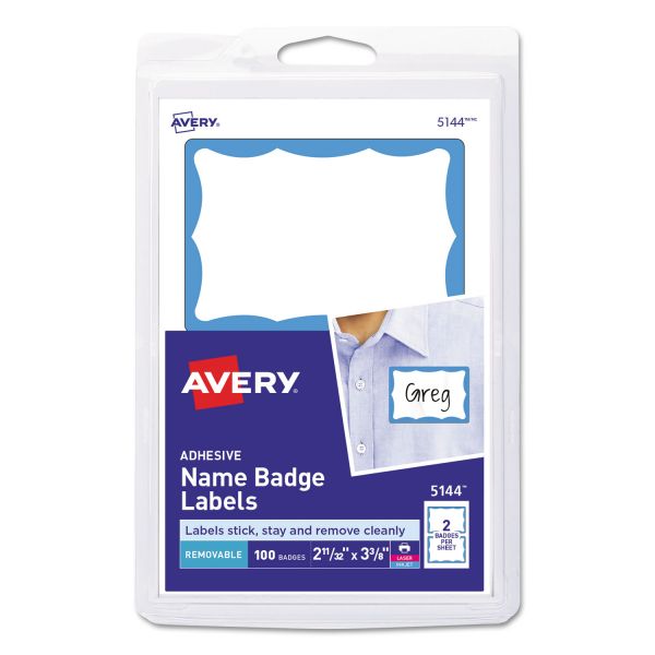 Avery Printable Self-Adhesive Name Badges, 2 1/3 x 3 3/8, Blue Border, 100/Pack [AVE5144]