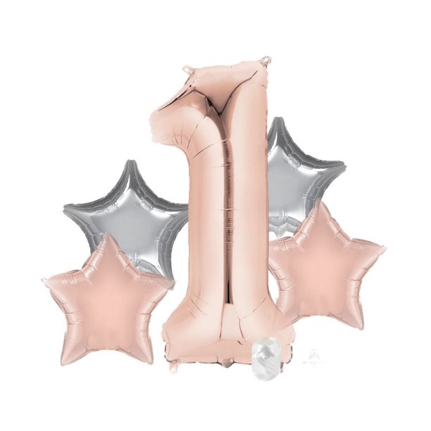 1st Birthday Girl Balloon Bouquet Pink and Silver with Ribbon [36210-SET-06]
