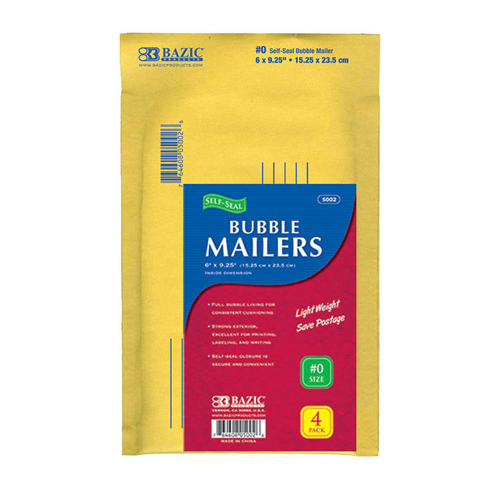 BAZIC 6" X 9.25" (#0) Self-Seal Bubble Mailers (4/Pack) [5002]