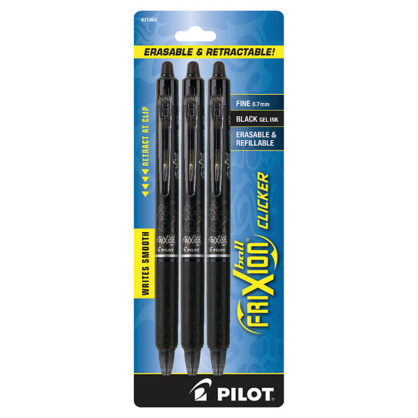 9 Pilot FriXion Clicker Erasable Gel Pens, Fine Point, 0.7 mm, Black Barrels, Black Ink, Pack Of 3 [PIL31464]